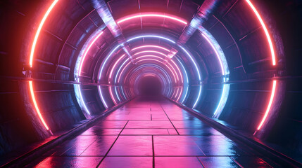 3D Futuristic Tunnel with Neon Lights - Abstract Background