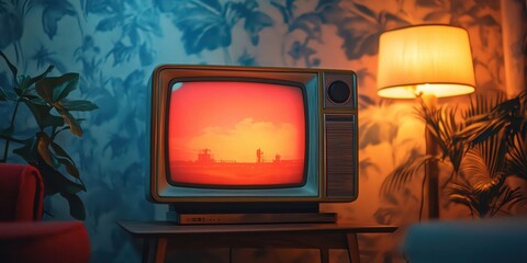 A classic TV set with a neon-lit screen, representing the nostalgic charm of old television shows, copy space