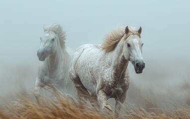 Obraz premium White Horses Running Through Foggy Meadow