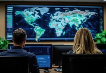 A control room with a world map display, showcasing data analysis and monitoring activities.