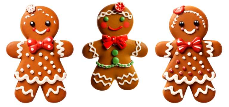 One Set Festive Gingerbread Cookies Dressed for the Christmas Season on transparent Background, PNG - Powered by Adobe