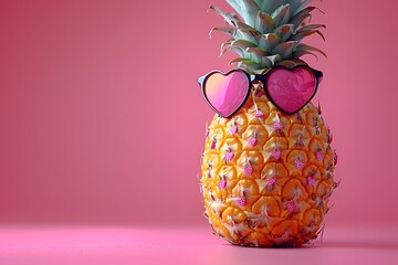 Fun Summer Pineapple Wearing Heart Sunglasses on Vibrant Pink Background for Party Invitations, Posters, or Social Media Designs