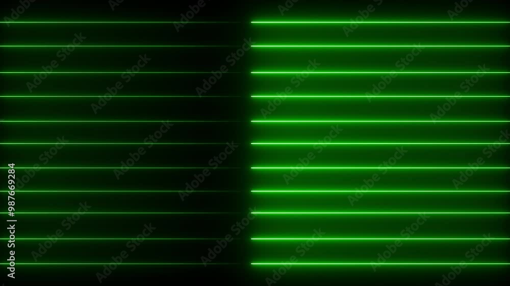 Poster left directional horizontal neon lines animation on isolated black background.