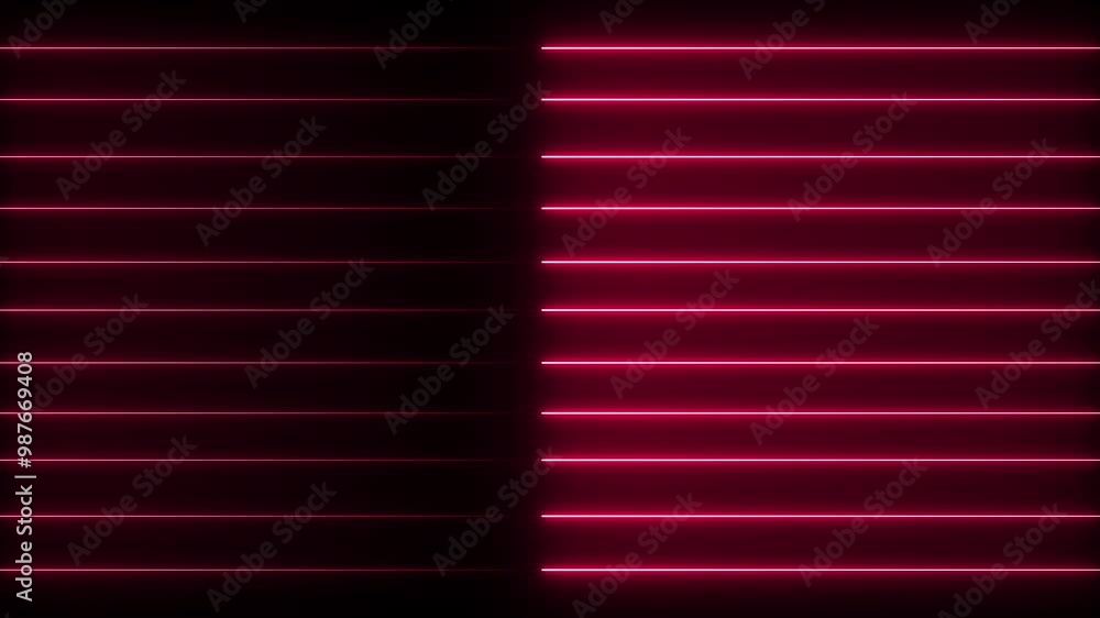 Poster left directional horizontal neon lines animation on isolated black background.