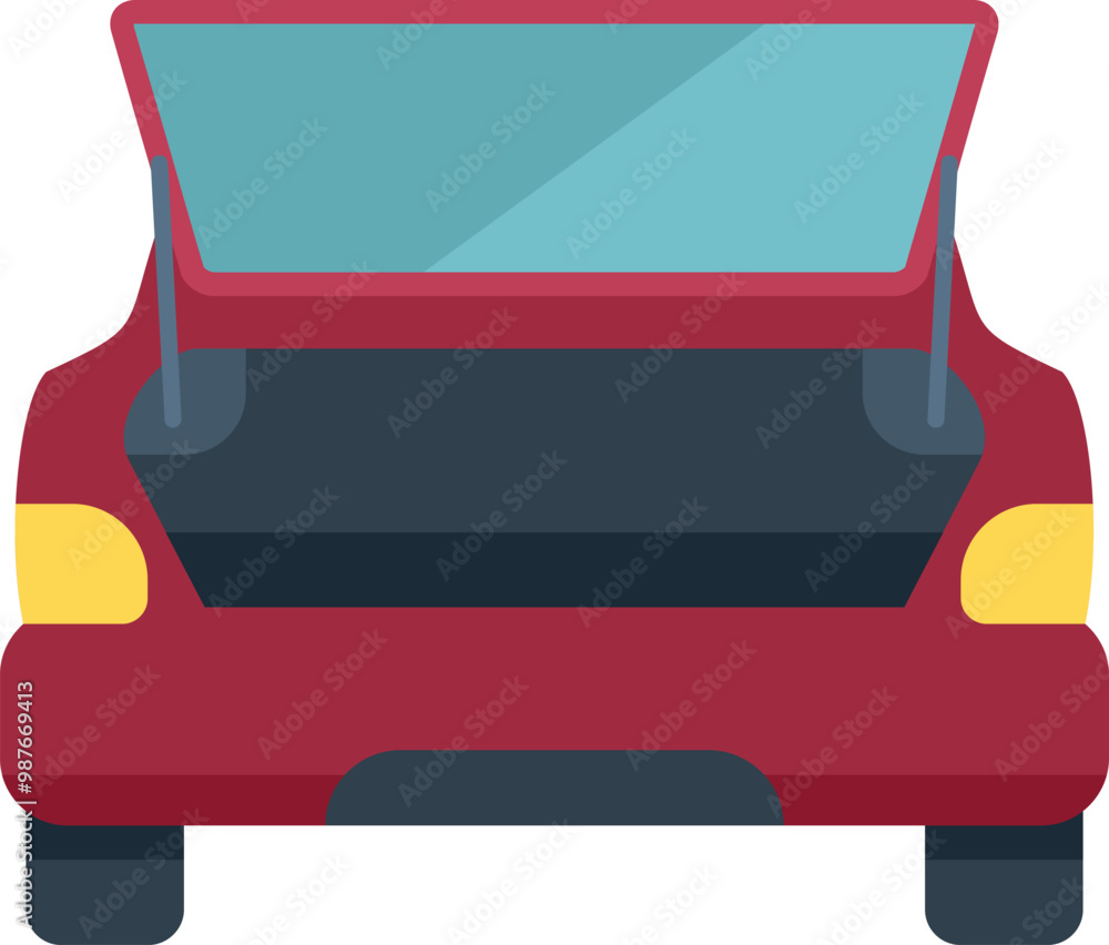 Poster red car with open empty trunk is waiting for loading