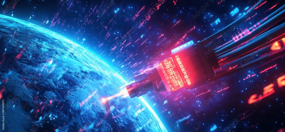 Aufkleber global network concept featuring digital data streaming from an electrical plug towards earth, symbo