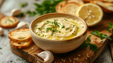 Homemade Hummus with Pita Bread and Fresh Herbs