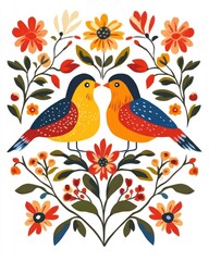 Folk Art Birds Amidst Vibrant Blooms