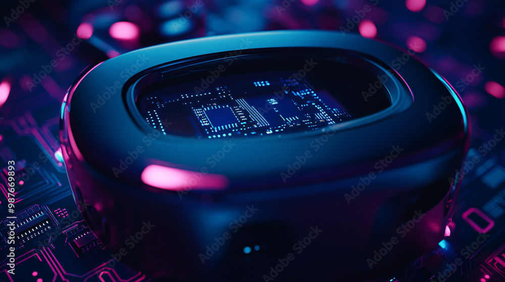 Poster A detailed view of a microchip in an anime-style VR headset. creating immersive worlds. 