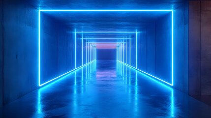 Fototapeta premium Neon Lights in a Blue Corridor 3D Illustration