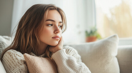 Naklejka premium Pensive young woman deep in thought, holding a cushion close while seated on her couch at home, reflecting on a problem. photo
