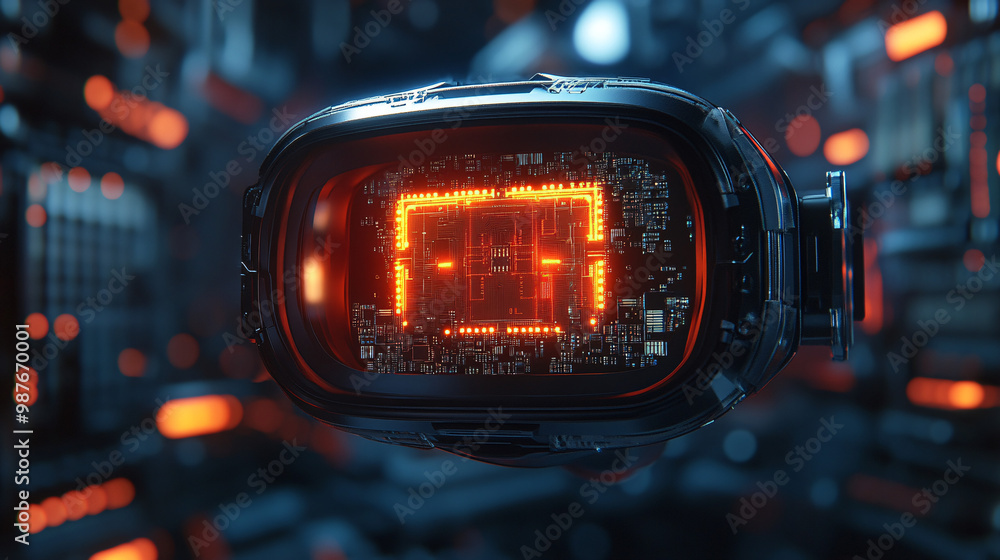 Poster a detailed view of a microchip in an anime-style vr headset. creating immersive worlds.