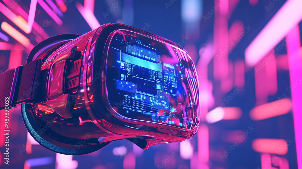 Poster a detailed view of a microchip in an anime-style vr headset. creating immersive worlds.