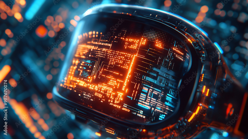 Aufkleber a detailed view of a microchip in an anime-style vr headset. creating immersive worlds.