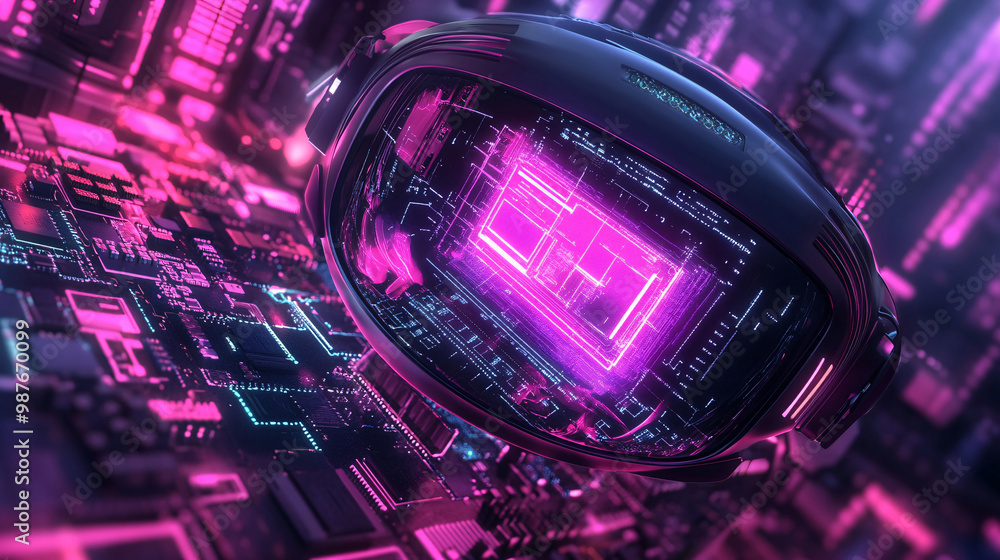 Poster a detailed view of a microchip in an anime-style vr headset. creating immersive worlds.