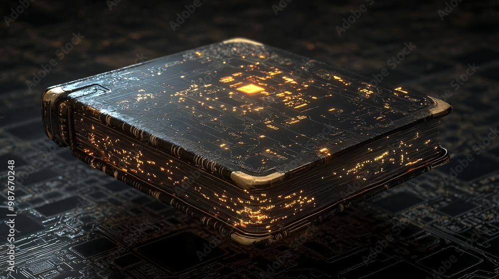 Poster a floating book with pages made of microchips. each circuit forming animated illustrations.