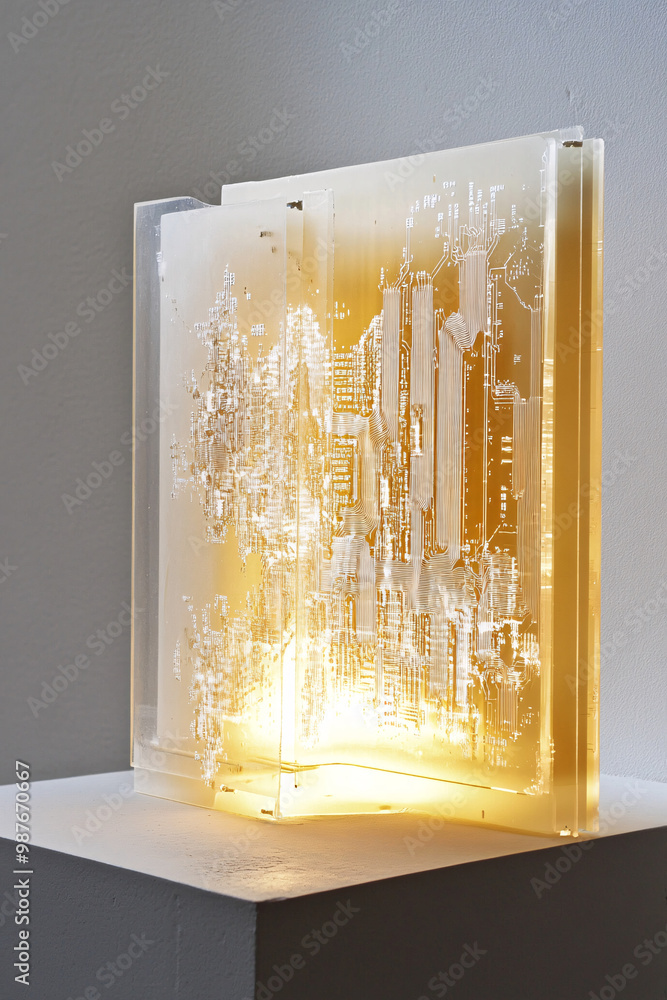 Poster a floating book with pages made of microchips. each circuit forming animated illustrations.