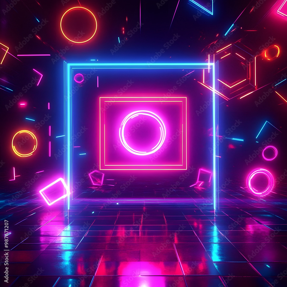 Poster neon background with various shapes and sizes 80s style geometric shapes in neon colors with transpa