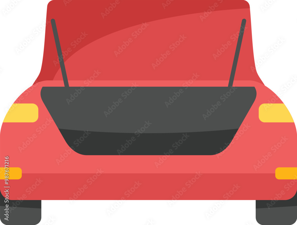 Poster minimalist vector illustration of a red car with an open trunk, offering a glimpse into the empty st