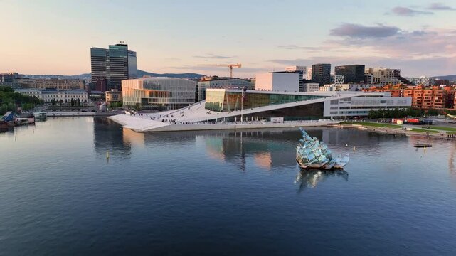 Behold this Stunning Aerial View Showcasing Modern Architecture and the Beautiful Waterfront. Oslo, opera along the seaside fjord, Norway