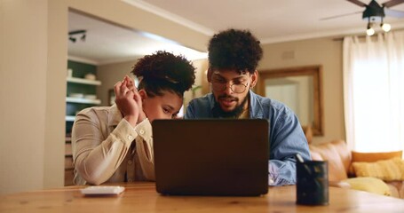 Finance, couple and nervous with laptop in home for loan application, credit card approval and waiting. People, technology and anxiety with fingers crossed, hope and tension for mortgage agreement - Powered by Adobe