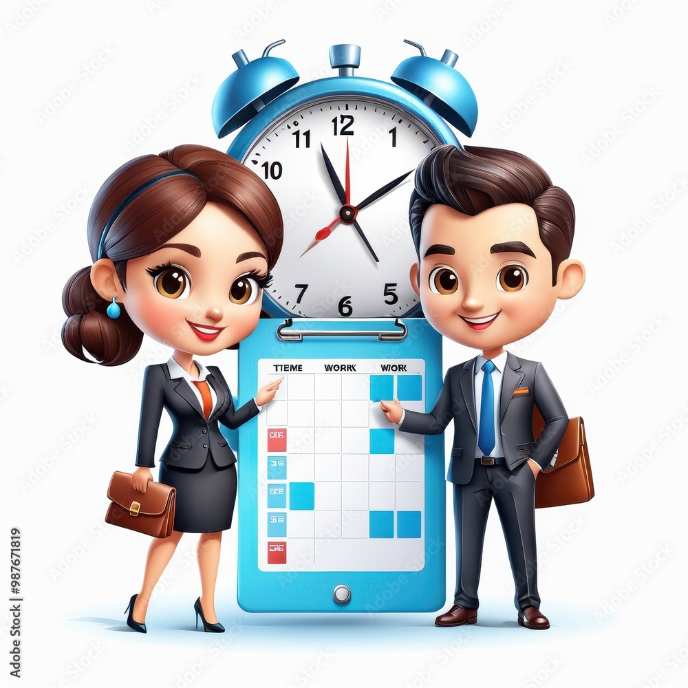 Poster a cartoon-style illustration of two professionals discussing a schedule with a clock in the backgrou