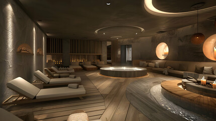 Modern Spa Design with Hot Tub and Fireplace