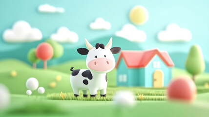 Naklejka premium Cute Cartoon Cow in a Pastel Countryside Setting with House and Trees in the Background