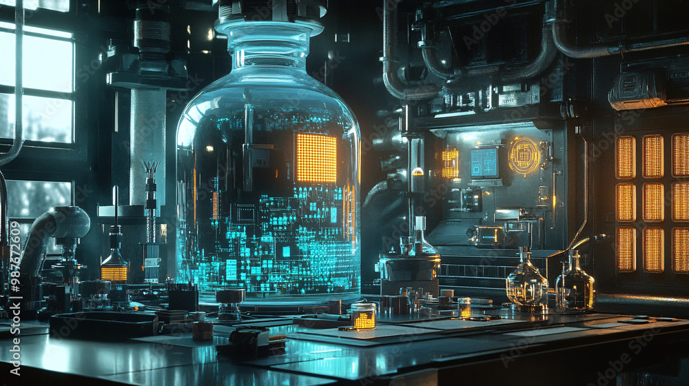 Poster a futuristic alchemist's lab. potions and tools are microchips with glowing circuits.