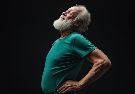 An elderly man with a beard experiences back pain, looking upward in a contemplative pose.