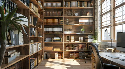 Obraz premium Modern Home Office Interior Design with Wooden Bookshelf