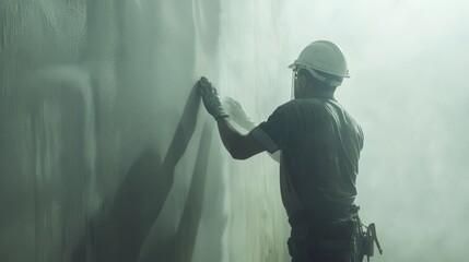 Fototapeta premium Construction Worker Checking Wall Surface with Dust in Air