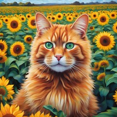 Ginger cat in a sunflower field