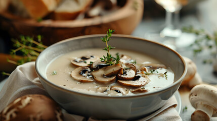 Creamy Mushroom Soup with Fresh Thyme Garnish