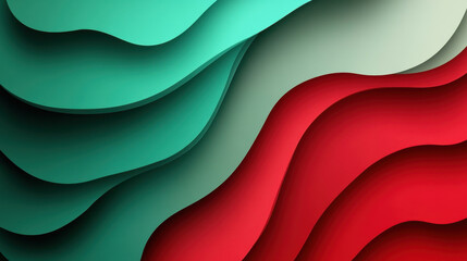 A vibrant, layered design featuring wavy patterns in red, teal, and soft green tones, creating a visually dynamic and modern aesthetic