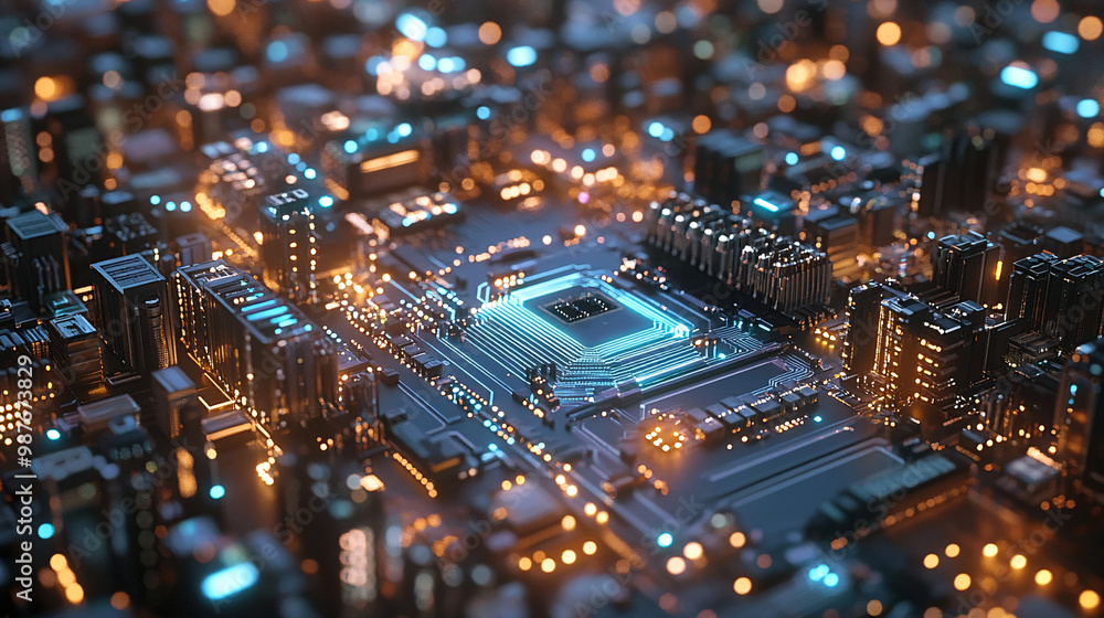 Poster a futuristic cityscape built on a massive microchip with vibrant circuits lighting up the skyline.