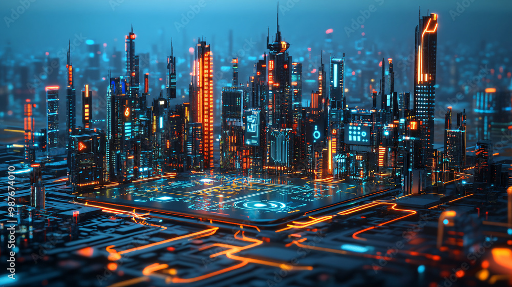 Poster a futuristic cityscape built on a massive microchip with vibrant circuits lighting up the skyline.