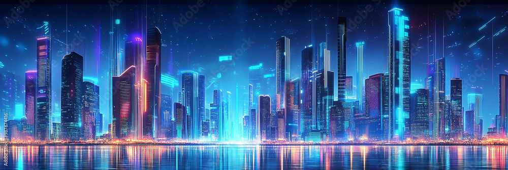 Poster a futuristic cityscape built on a massive microchip with vibrant circuits lighting up the skyline.