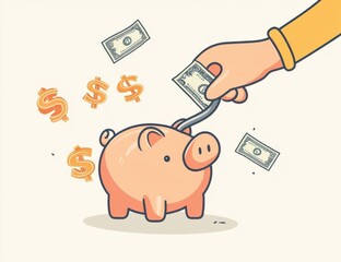 Comical illustration of hand holding magnet attracting money towards a piggy bank