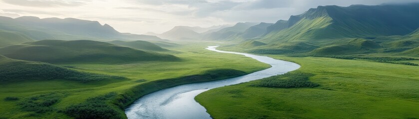 A river runs through a lush green valley