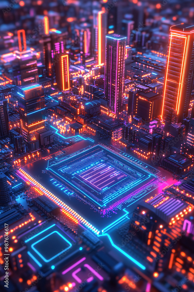 Poster a futuristic cityscape built on a massive microchip with vibrant circuits lighting up the skyline.