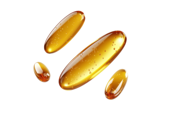 Falling fish oil pill, omega 3, isolated on white background. PNG