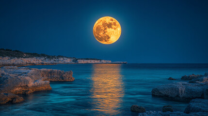 Admirable vista of the ocean. Full moon over a colorful blue sky at night above a coastline. The twilight outside, surrounded by peaceful nature 
