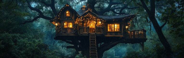 Fototapeta premium Whimsical treehouse in heavy rain with glowing lights, magical forest scene