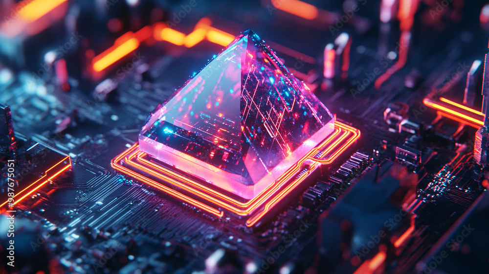 Aufkleber a futuristic microchip embedded in a glowing crystal with neon circuits illuminating the surrounding