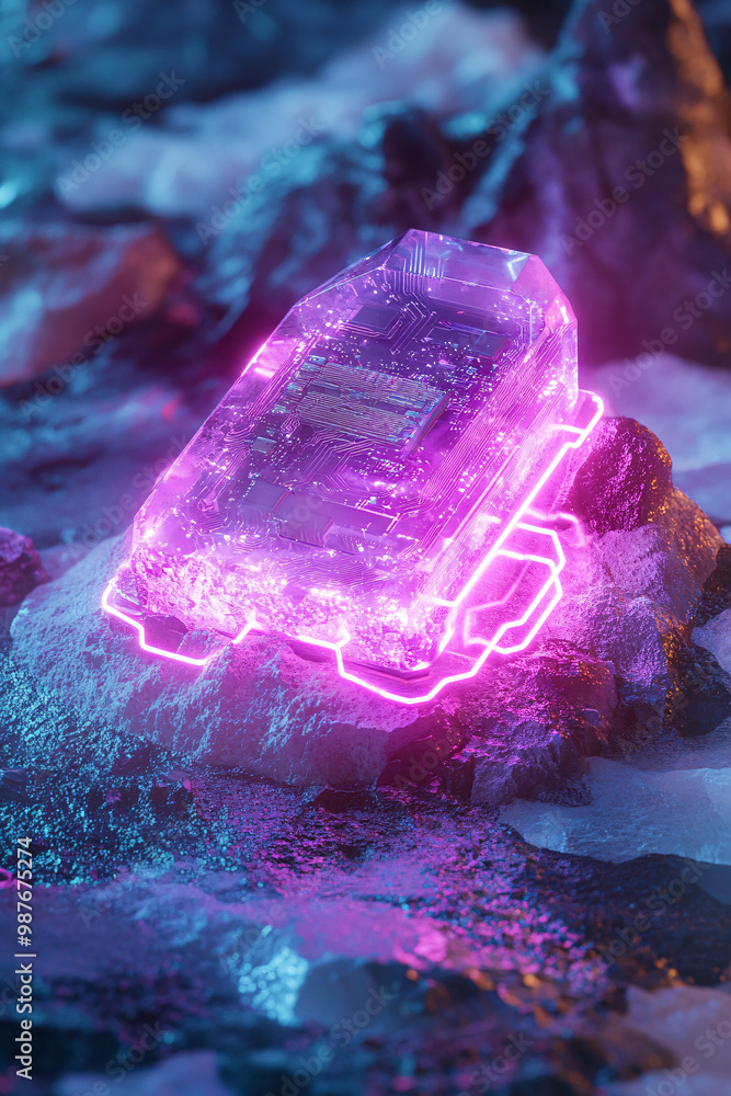 Poster a futuristic microchip embedded in a glowing crystal with neon circuits illuminating the surrounding