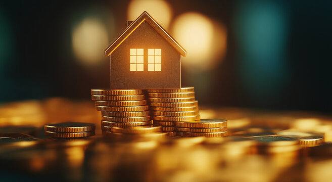 A small house model resting on a pile of coins, symbolizing investment and real estate wealth accumulation against a blurred backdrop.