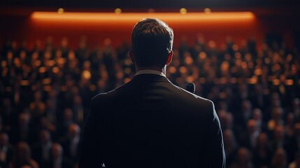 Backview on male motivational speaker using microphone in front of the audience during business conference meeting