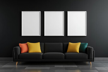 Fototapeta premium Explore a serene black room featuring a comfortable couch and three white-framed pictures, perfect for creating a tranquil ambiance.