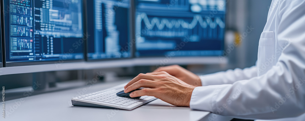 Poster close-up of an office specialist typing on a desktop computer in a high-tech monitoring control room